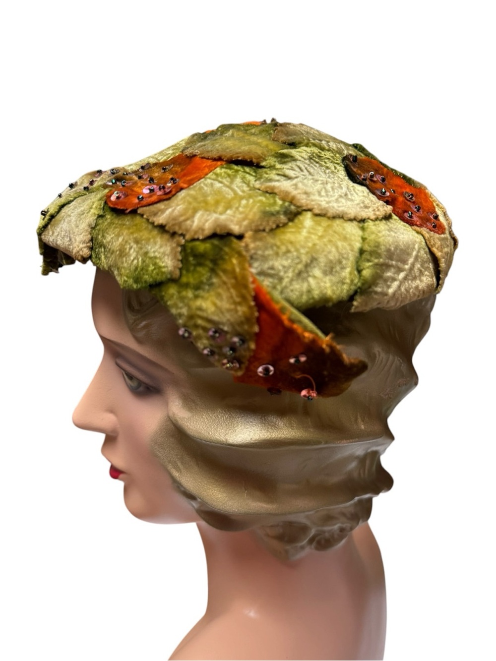 Vintage Le Cavalier Leaf Appliqué Pillbox Hat in Green & Orange size 22